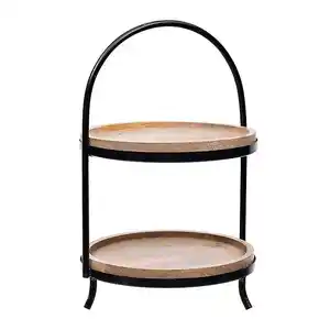 Creative Distressed Black Wood Metal Handle 2 Tier Wooden Tray Cake Stand for customized size cheap price with sale product