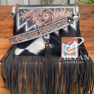 New Handmade Tooled Leather Cowhide Bag Western Fringe Crossbody Bag and Hand Tooled Leather Credit Card <b>Holder</b> Set for Women's - Product Image 1