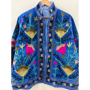 Autumn Winter Cobalt Blue Suzani-Embroidered Velvet <b>Mandarin</b> <b>Collar</b> <b>Jacket</b> Ladies Quilted Handcrafted Jaipur Garden Samarkand - Product Image 2