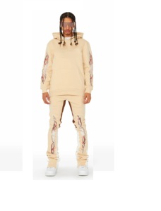 Conjunto de 2 Piezas de Moda Vintage de Invierno 2024 para Hombre, Pantalones Deportivos Acampanados con Capucha y Bloques de Color, Tallas Grandes - Product Image 3