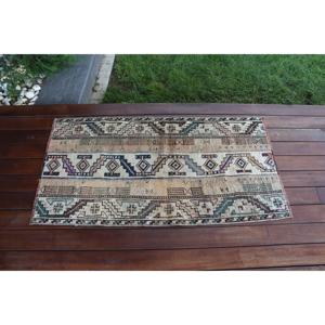 Turkish Vintage Small Rug 2x3.9 ft, <b>Brown</b> Blue Abstract <b>Wool</b> Rug - Product Image 3