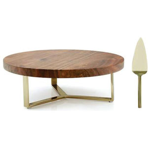 Support à gâteau de 10 pouces en bois d'acacia surélevé, plateau de service pour desserts, couleur naturelle, dessus en marbre, écologique, passe au lave-vaisselle - Product Image 3