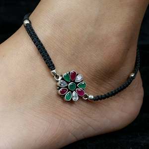 925 <b>Silver</b> <b>Anklet</b> Aasma Nazakat Custom Floral Bohemian Style with Ruby Emerald Zircon Inlay for Wedding or Gift for Girls - Product Image 2