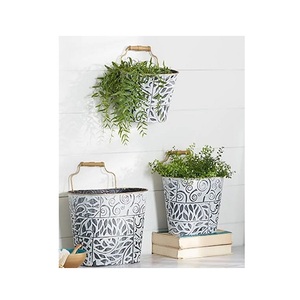 Set of 3 Home Farmhouse Embossed Galvanized Metal Iron <b>Planter</b> Pots with <b>Wooden</b> Handle for Flower & Plant Decorations - Product Image 1