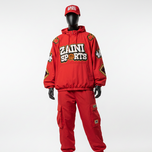 Conjunto de Chaqueta Cortavientos de Nailon Premium de 180 g/m², Talla Grande, Color Rojo con Paneles de Parche en Relieve, Logotipo Personalizado Bordado - Product Image 1