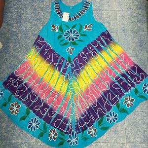 High Fashion Tie-Dye Mini Beach <b>Dress</b> for Ladies Embroidered Three-Quarter Sleeve V-Neck Patterned with Dot and Letter Design - Product Image 6