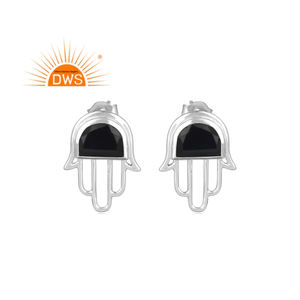 Dernières tendances Boucles d'oreilles en argent sterling 925 fin en onyx noir naturel Boucles d'oreilles design Hamsa Fabricant de bijoux personnalisés - Product Image 2