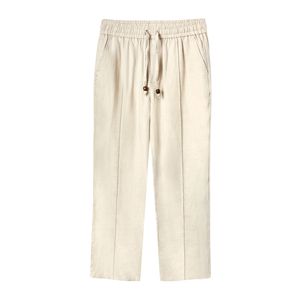 Sand linen <b>pants</b> with an elastic waist, button-fly, zippered side pocket, and sewn pleats, offering a breezy, relaxed fit - Product Image 1
