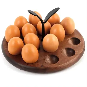 원형 다크 브라운 색상 골동품 디자인 15 계란 보관 트레이 주방 탁상 베이커리와 레스토랑 사용 나무 계란 홀더