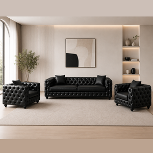 Chesterfield <b>Sofa</b> Set Black PU Leather fabric Tufted Design Living Room Furniture Traditional Style Rolled Arms Wood <b>Legs</b> - Product Image 3