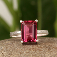 Bague tendance en argent sterling 925 rhodié, tourmaline rouge 10x20mm, sertie à la bague lisse, certifiée par un tiers, faite à la main