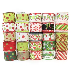 New Custom Printed Burlap Christmas Ribbon Roll 2.5inch Christmas Tree Wired Edge Ribbon