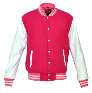 <b>Men's</b> Pink Knitted Varsity <b>Jacket</b> with <b>White</b> Sleeves and Striped Trim Casual Style Regular Fit Windproof Winter Wear - Product Image 1