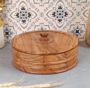Fait à la main en bois d'acacia Base à bord plat Chapati Box Store Box Warmer Casserole Kitchen Home Decor Round Roti Dabba for Kitchen - Product Image 3
