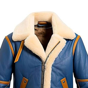 Chaqueta de Cuero Suave, Piel de Oveja Genuina, Forro de Piel Sintética de Sherpa, Cálida para Invierno, Estilo Urbano, Cuello Alto, Logotipo Frontal - Product Image 2