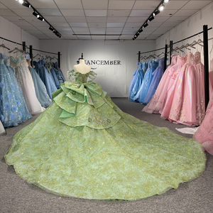 8547 Robe de bal exclusive vert cœur avec appliques de perles et cristaux imprimées, écologique, pour Quinceañera, avec traîne chapelle - Product Image 3