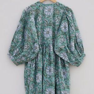 Robe midi en coton imprimé à la main à motifs floraux, robe décontractée pour femmes, printemps été - Product Image 1