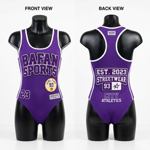 Traje de Baño Deportivo Morado de Poliéster y Spandex de 220 GSM Premium con Ribete Blanco y Parche de Bordado Personalizado para Mujer - Product Image 1