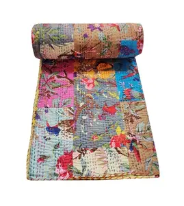 Vintage Kantha Quilt Throw Handmade bedspread Indian Decor Vintage Bohemian Coverlet Blanket Gudri Multi Assorted Bird Patchwork
