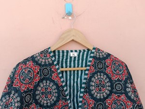 Veste en coton matelassé pour femme avec bloc à la main imprimé fleuri col en V et décoration à rayures à la mode tenue de fête d'été ouverte avec ceinture - Product Image 5