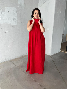 Longue robe à col roulé en lin rouge bohème décontracté été Maxi Smock ourlet évasé Simple motif solide coton avec poches - Product Image 4