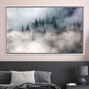 Misty Forest Landscape Canvas Poster: Tranquil Nature Wall Art,WHITE <b>FRAMED</b> CANVAS - Product Image 1