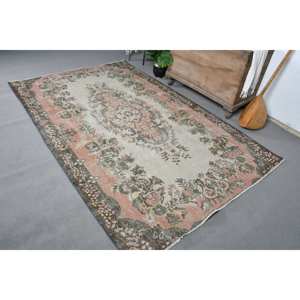 Alfombra de lana rosa y beige Vintage de 5,5x8,5 pies, diseño de retazos turco hecho a mano para adolescentes, Alfombra de pasillo a rayas, sala de estar de látex - Product Image 5