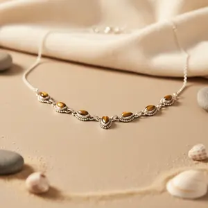 925 Silver <b>Tiger</b> <b>Eye</b> Beaded Necklace for Women Daily Wear Fashion <b>Jewelry</b> - Product Image 1