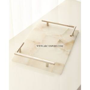 Vaisselle de table de qualité supérieure décorant la maison plateau de service alimentaire avec poignées en métal doré forme ronde vaisselle plateau de serveur de nourriture - Product Image 2