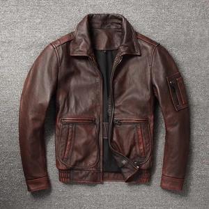 Classique Top Gun Vintage marron peau de mouton en cuir véritable manteau hommes Bomber veste toile tissu rétro Vintage marron vêtements - Product Image 4