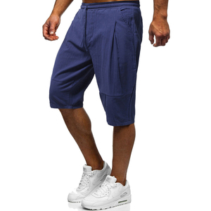 Shorts d'été en toile pour homme, taille haute, avec cordon de serrage, 180g, longueur genou, sport, décontracté, respirant, couleur unie, logo frontal - Product Image 1