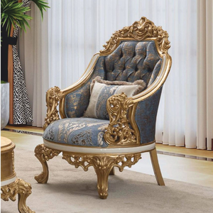 Fauteuil de style baroque antique avec cadre en bois doré, rembourrage en damassé bleu de qualité supérieure, chaise de trône de palais - Product Image 3