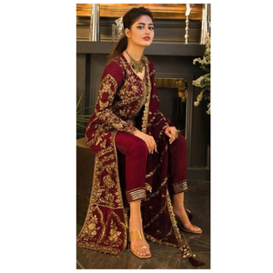 Maroon Georgette Traje semicosido con Dupatta pesado Bordado muy pesado Dori Work Hermosa ropa india y pakistaní - Product Image 4