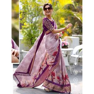 Impreso digital Pure Georgette Saree Trabajo pesado Borde Borlas Viscosa-Poliéster Material Calidad Festiva Blusa India Sari - Product Image 6