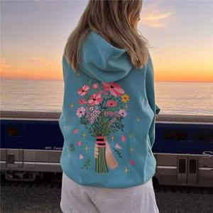 Sudadera con capucha de gran tamaño personalizada con textura floral, jersey de manga larga con hombros caídos, sudadera con bolsillo, Tops de otoño para mujer - Product Image 2