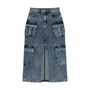 Nouvelle Tendance Jupe Longue Cargo en Jean Taille Haute Femme Streetwear Fente Avant Multi-Poches Maxi Jupe en Jean Vintage Bleu Délavé - Product Image 4
