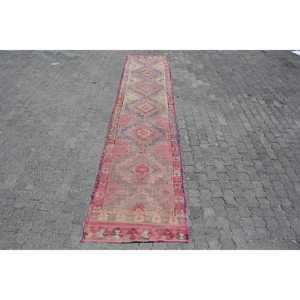 Turkish Traditional Eco Friendly <b>Runner</b> Rug 2.7x13.6 ft <b>Red</b> Blue Patchwork Wool with Latex Backing - Product Image 1