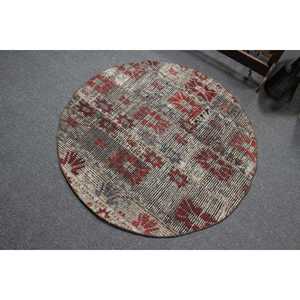 Tapis turc, tapis vintage 3,7x3,7 pieds, tapis en laine rayé rouge - Product Image 4