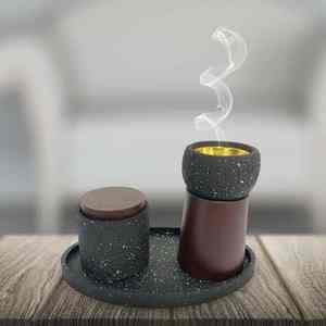 Ensemble brûleur de Bakhoor arabe en bois terrazzo moderne, porte-parfum religieux fait main, écologique pour la décoration intérieure et l'aromathérapie - Product Image 1