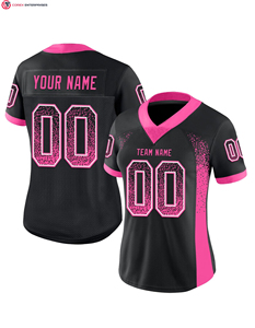 Maillot de football personnalisé pour homme, haute qualité, noir, rose-blanc, en maille, tendance, 100% polyester, respirant, protection UV courte - Product Image 1