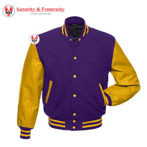 Blouson universitaire pour homme Omega en cachemire violet et manches en cuir véritable doré, style grec, pour fraternité - Product Image 1