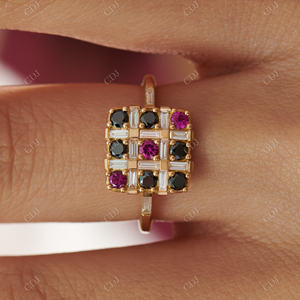 Baguette Real Diamond Engagement <b>Ring</b> for <b>Women</b> Round Cut <b>Black</b> Diamond and Pinkish Ruby <b>Ring</b> Sparkling Diamond Bridal <b>Ring</b> - Product Image 4