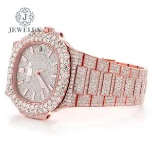 Belle montre de luxe cloutée en diamant moissanite à cadran rose Bracelet en acier inoxydable à quartz analogique de 36mm avec fenêtre en verre - Product Image 2