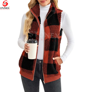 Veste polaire femme sans manches avec poches chaud fermeture éclair vêtements d'extérieur léger Plaid col montant gilet - Product Image 2