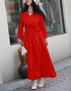 Vestido maxi de lino personalizado para mujer, batas acampanadas de talla grande de gran tamaño, manga larga, suave, informal, holgado, tejido, teñido liso, Natural - Product Image 4