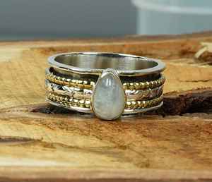 Rainbow Moonstone Spinner Ring 925 Sterling Silver Two-Tone Handmade Gemstone Jewelry Women US Size <b>10</b> <b>Gift</b> - Product Image 1