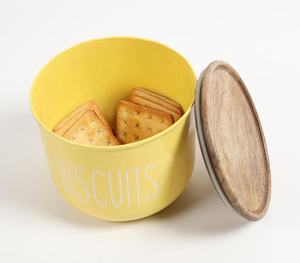 Bote de Metal con tapa de madera, amarillo mate, fabricante al por mayor - Product Image 3