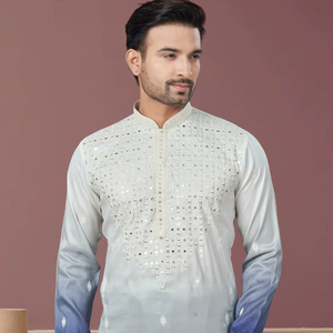 Colección de Verano Outluk de Seda Satén Bordada, Conjunto Casual de Boda 100% Seda de Secado Rápido, Kurta Pijama con Cuello Mao y Estampado - Product Image 1