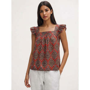 Blusa de Mujer con Estampado Floral, Cuello Cuadrado, de Chifón, Lino y Algodón, Corte Holgado, Casual, Transpirable, con Volantes y Manga Corta, para Primavera, Talla XS - Product Image 1