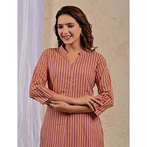 Pink Stripes Printed Straight <b>Kurti</b> for Girls Ladies Traditional Modern Elegant Indian Ethnic Summer Suit Embroidered Reyon Long - Product Image 1